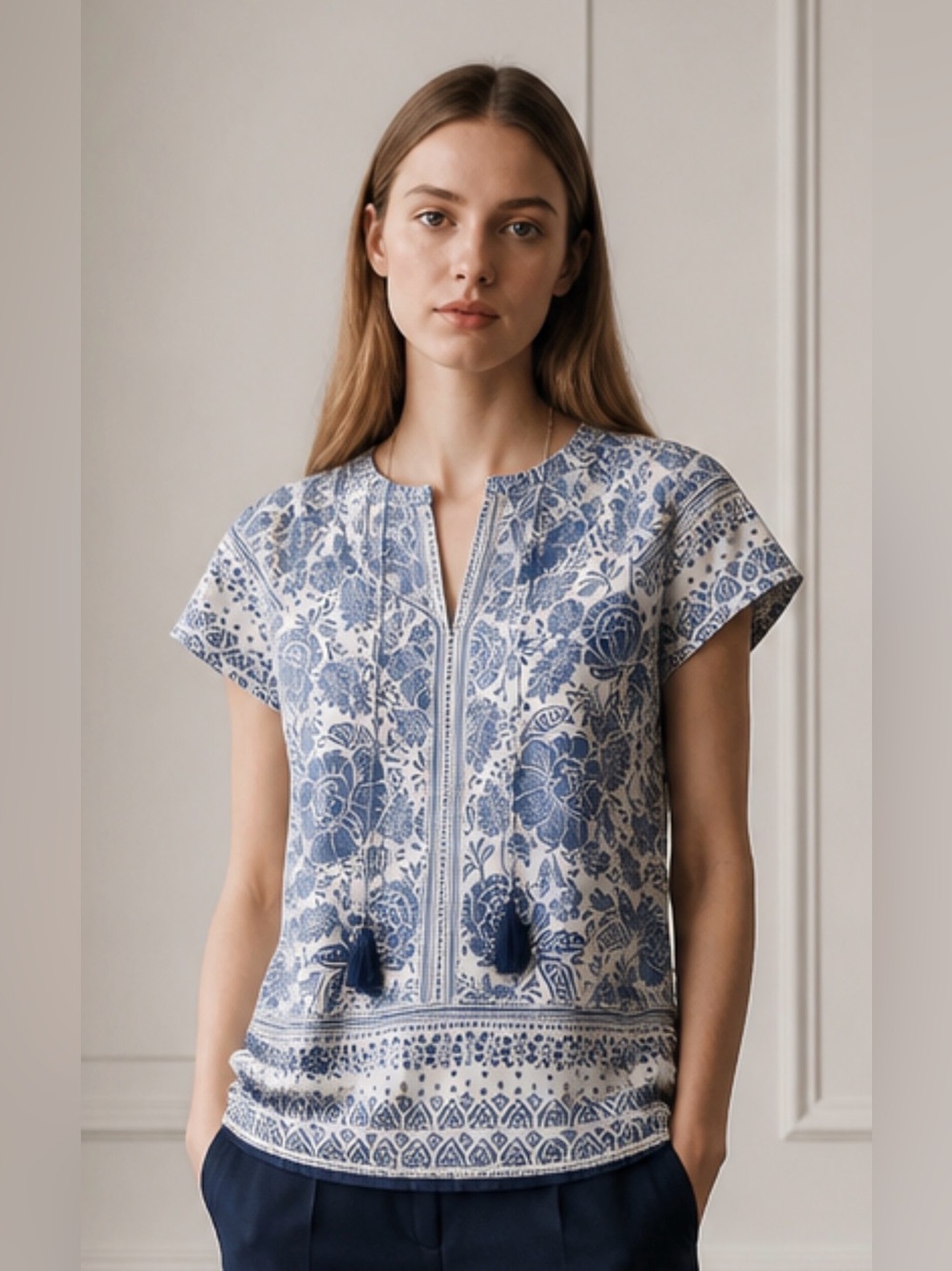 Talbots White and Blue Floral Tassel Peasant Top. Sz M